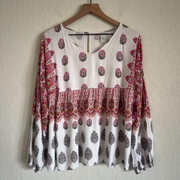Sundance Long Sleeve V-Neck Peasant Top Medium White Pink Boho Floral Printed - Picture 2 of 7